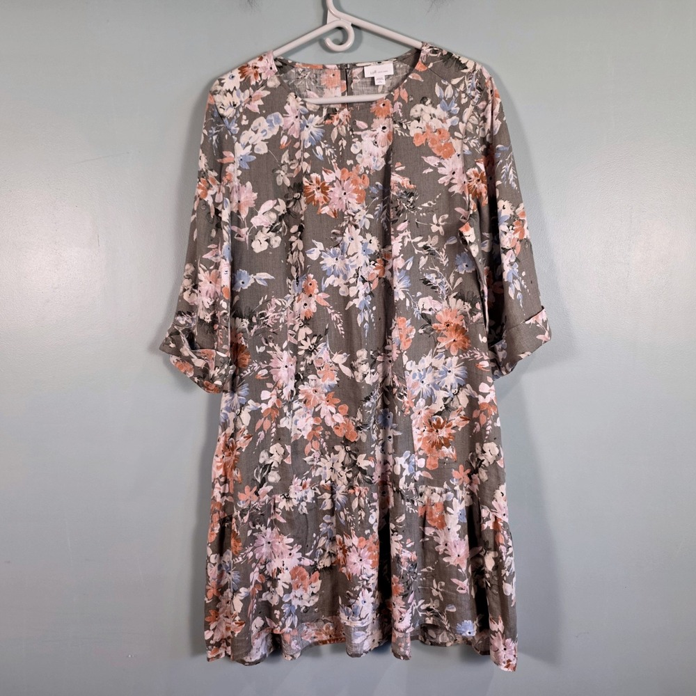 J. Jill Love Linen Floral Tiered Shift Dress Sage Green LP Petite L 100% Linen